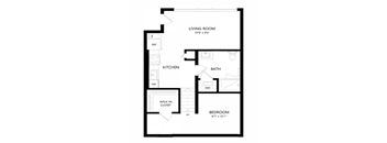 A black and white image of a floor plan for a home with a living room, kitchen, bath, and bedroom.