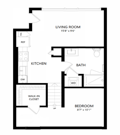 A black and white image of a floor plan for a home with a living room, kitchen, bath, and bedroom.
