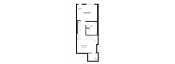 A floor plan of a small apartment with a living room, bathroom, and bedroom.