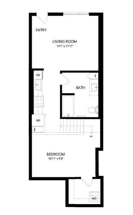 A floor plan of a small apartment with a living room, bathroom, and bedroom.