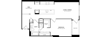A black and white image of a floor plan for a home with a pantry, living/dining area, bathroom, and bedroom.