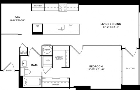 A black and white image of a floor plan for a home with a pantry, living/dining area, bathroom, and bedroom.