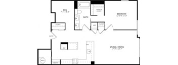 A floor plan of a house with a den, bathroom, bedroom, living/dining area, pantry, and a reference room.