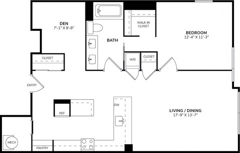 A floor plan of a house with a den, bathroom, bedroom, living/dining area, pantry, and a reference room.
