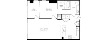A black and white floor plan of a home with a living room, dining room, kitchen, and bathroom.