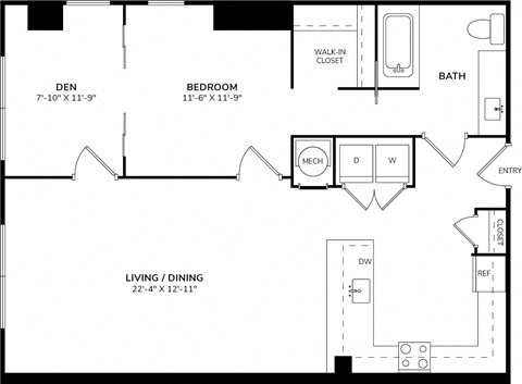 A black and white floor plan of a home with a living room, dining room, kitchen, and bathroom.