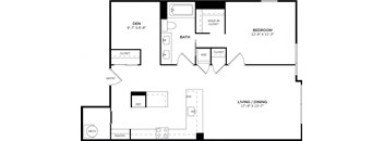 A floor plan of a home with a den, bathroom, bedroom, living/dining area, and pantry.