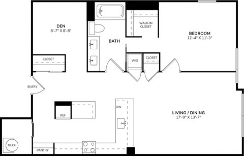 A floor plan of a home with a den, bathroom, bedroom, living/dining area, and pantry.