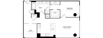 A floor plan of a small apartment with a bathroom, bedroom, and living/dining area.