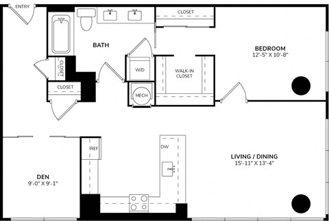 A floor plan of a small apartment with a bathroom, bedroom, and living/dining area.