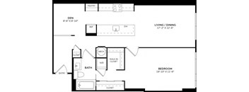 A floor plan of a house with a pantry, living/dining area, bedroom, bathroom, and a den.