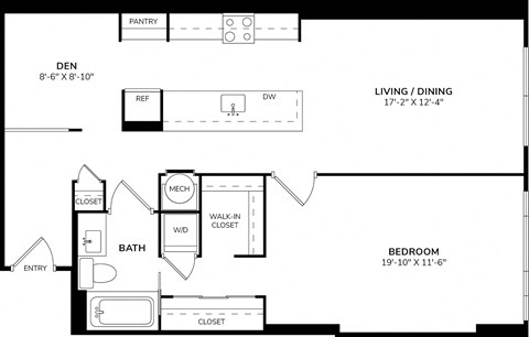 A floor plan of a house with a pantry, living/dining area, bedroom, bathroom, and a den.