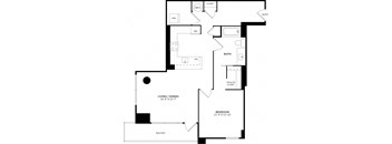 A floor plan of a home with a living room, dining room, kitchen, bathroom and bedroom.