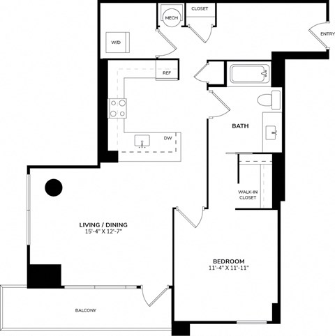 A floor plan of a home with a living room, dining room, kitchen, bathroom and bedroom.