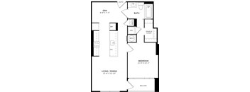 A floor plan of an apartment with a den, bathroom, living/dining area, and bedroom.