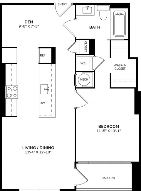 A floor plan of an apartment with a den, bathroom, living/dining area, and bedroom.