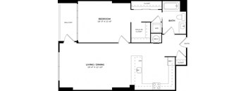 A black and white image of a floor plan for a bedroom, bathroom, and living/dining area.