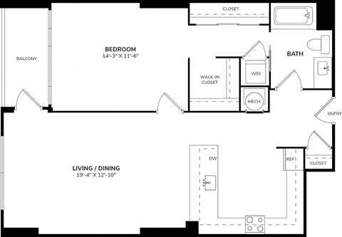 A black and white image of a floor plan for a bedroom, bathroom, and living/dining area.