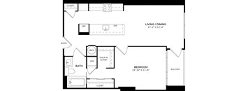 A floor plan of a living and dining area with a bathroom and a bedroom.