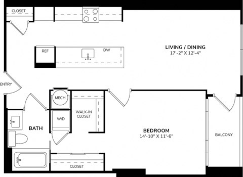 A floor plan of a living and dining area with a bathroom and a bedroom.