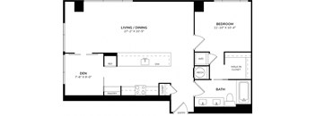 A black and white image of a floor plan for a home with a living room, dining room, den, bathroom, and pantry.
