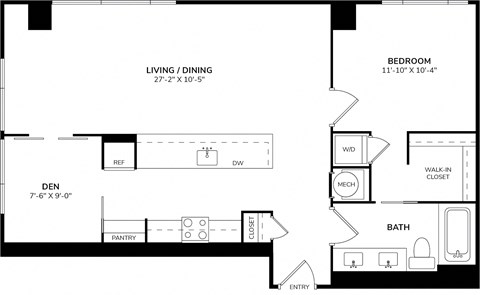 A black and white image of a floor plan for a home with a living room, dining room, den, bathroom, and pantry.