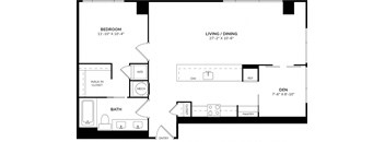 A floor plan of a home showing a bedroom, bathroom, living/dining area, den, pantry, and walk-in closet.