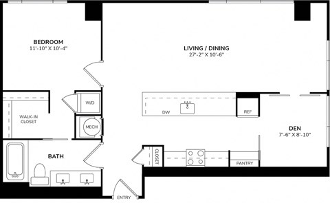 A floor plan of a home showing a bedroom, bathroom, living/dining area, den, pantry, and walk-in closet.