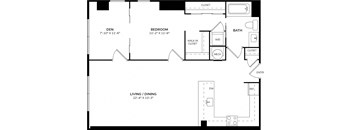 A floor plan of a home with a living area, dining area, bedroom, bathroom, and closets.
