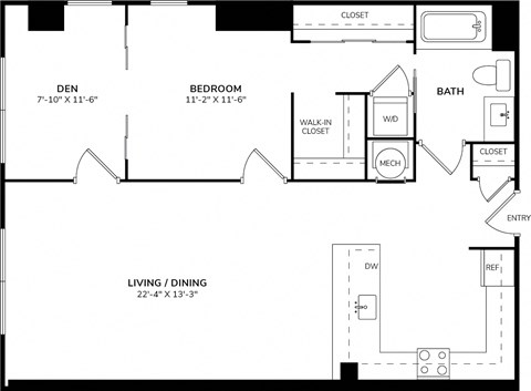 A floor plan of a home with a living area, dining area, bedroom, bathroom, and closets.