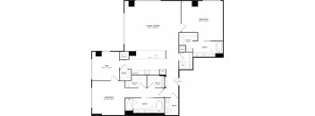 A floor plan of a house with a living room, dining room, two bedrooms, a den, a bathroom, a pantry, a laundry room, and an entry.