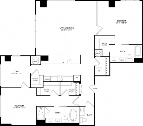 A floor plan of a house with a living room, dining room, two bedrooms, a den, a bathroom, a pantry, a laundry room, and an entry.
