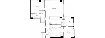 A black and white image of a floor plan for a home with a living room, dining room, two bedrooms, two bathrooms, a kitchen, a den, and an entry.