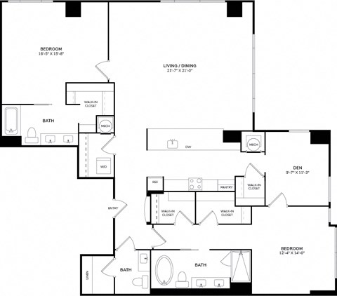 A black and white image of a floor plan for a home with a living room, dining room, two bedrooms, two bathrooms, a kitchen, a den, and an entry.
