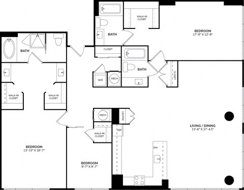 A floor plan of a house with three bedrooms, a bathroom, a living/dining area, and a kitchen.