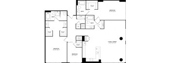 A floor plan of a house with three bedrooms, a bathroom, a living/dining area, and a kitchen.