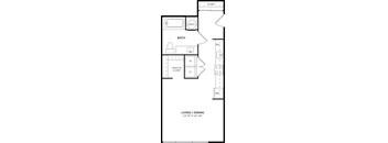 A floor plan of a small apartment with a living room, dining room, bathroom, and kitchen.