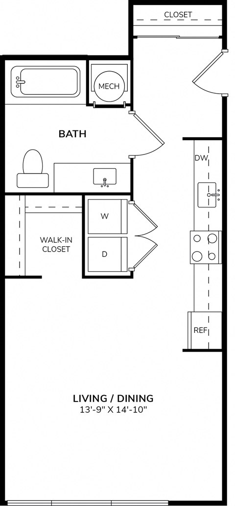 A floor plan of a small apartment with a living room, dining room, bathroom, and kitchen.