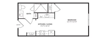 A floor plan of a small apartment with a bedroom, kitchen, and bathroom.