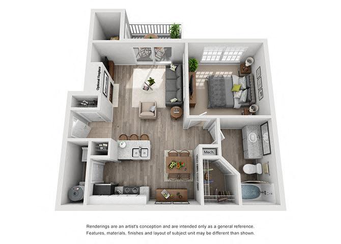 1 bedroom 1 bathroom floor plan at Windsor Addison Park, Charlotte, 28269