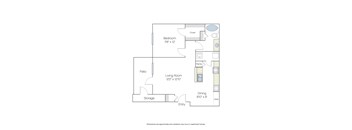 A floor plan of an apartment with a living room, dining room, kitchen, bedroom, storage, and closet.