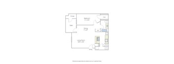 A diagram of an apartment layout with a bedroom, living room, kitchen, and bathroom.