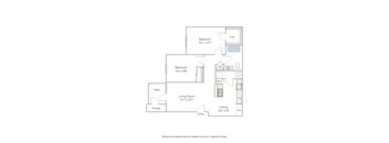 A diagram of an apartment layout with two bedrooms, a living room, a dining area, a pantry, a storage area, and a patio.