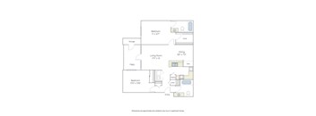 A floor plan of an apartment with a living room, dining room, pantry, and two bedrooms.