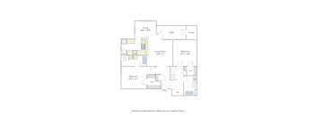 A floor plan of an apartment with a living room, two bedrooms, a kitchen, a dining area, a pantry, a storage area, a patio, and an entryway.