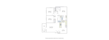 A floor plan of an apartment with a living room, two bedrooms, a storage area, and a patio.