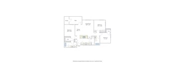 A floor plan of an apartment with a living room, two bedrooms, a dining room, a kitchen, a storage area, a patio, and an entry.