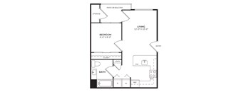 A floor plan of a small apartment with a bedroom, bathroom, closet, and storage.