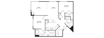 A black and white floor plan of a home with a living room, dining room, kitchen, and two bedrooms.