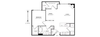 A floor plan of a home with a bedroom, bathroom, living room, and dining room.